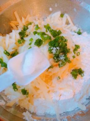 土豆去皮切丝，香葱剁碎一起放入面粉内加入适量盐