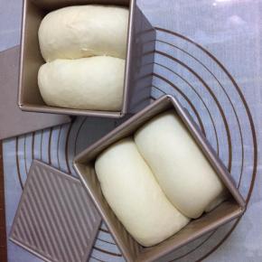 在温暖湿润处（温度38度，温度80%左右）进行二次发酵，面团发到模具的八九分高（如果做带盖吐司，七分高即可），手指轻按后略有弹性即可进行烘烤