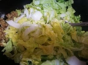 翻炒到肉沫变色，倒入大白菜
