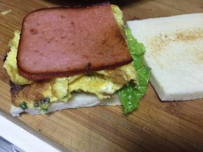 下面放一片烤好的吐司，依次放一片生菜叶，煎好的鸡蛋，火腿片，再放上一片吐司