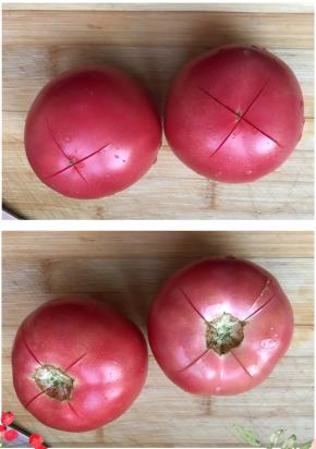 这里讲一个小妙招，西红柿准备两个，头和底各划十字