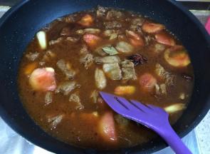 加入热水，这里必须是热水，不可以放凉水，然后放糖，盐调味，水不要太多，没过肉就可以