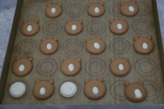 在油布上挤出布朗熊的图像，棕色挤头，白色挤嘴周