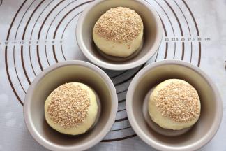 沾上一层熟芝麻，放入汉堡模具中，置于温度湿润处进行二次发酵。