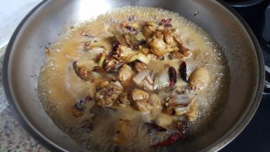 17.加入开水，没过鸡肉即可，加入盐和适量的糖进行调味，盖好锅盖，炖煮20分钟左右。