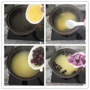 启动电陶炉放上陶瓷蒸锅锅内放入足量的水，水开后放玉米碴用勺子搅拌一下，倒入酸枣仁和紫薯，