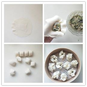 将面团分成10等份，取一个擀成周围薄的大圆片，放入适量的虾馅用虎口捏住成花型，整齐的摆放在蒸笼里。