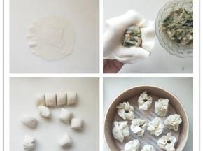 将面团分成10等份，取一个擀成周围薄的大圆片，放入适量的虾馅用虎口捏住成花型，整齐的摆放在蒸笼里。