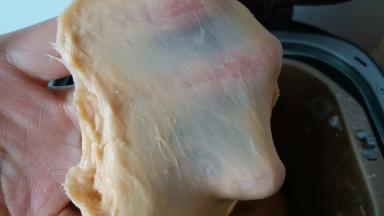 两程序后，面团可以拉出薄膜，揉面结束。开始发酵，我是放在面包机内，切掉电源，余温发酵