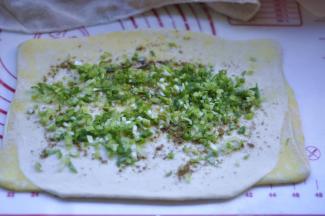 10、然后擀成长方形大片，放入香油、葱末、盐、五香粉、抹匀