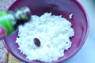 3、米饭里加入寿司醋、白糖、香油、盐拌匀。