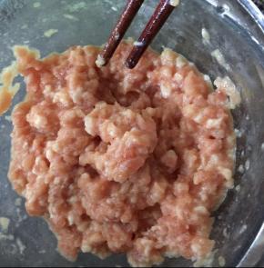 首先把肉沫打至有沾性