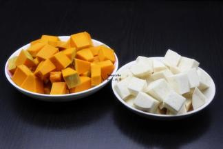 干贝浸泡、白果去壳、芋头切块、南瓜切块，所以食材准备好；