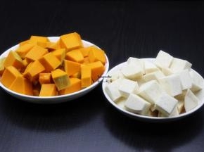 干贝浸泡、白果去壳、芋头切块、南瓜切块，所以食材准备好；