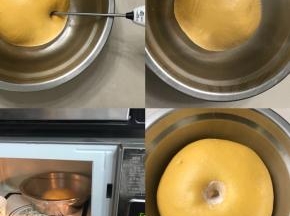5 整圆放入预先抹上油的盆里盖上保鲜膜，放入微波炉内，放一碗热水进行一发（烤箱也可以我舍不得）
6 发酵二倍大，用手指粘面粉戳洞，洞口不回缩不塌馅为好。