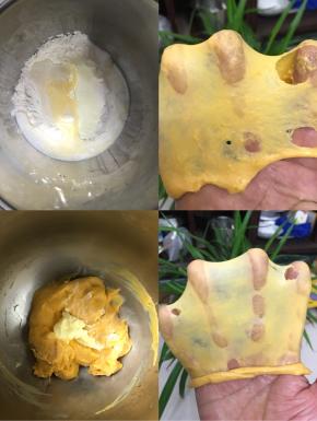 1 先把所有食材除黄油外一起放入厨师机桶里。你
2 揉至近于扩展阶段，能拉出厚一点的膜，洞口有锯齿状。
3 加入室温软化的黄油（也可以把黄油微波炉加热10 秒钟）
4 揉至扩展阶段，也可以完全扩展阶段，出手套膜风味更加，我是介于二者之间。