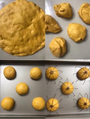 5 整圆放入预先抹上油的盆里盖上保鲜膜，放入微波炉内，放一碗热水进行一发（烤箱也可以我舍不得）
6 发酵二倍大，用手指粘面粉戳洞，洞口不回缩不塌馅为好。
7 倒出来拍打面团排气。
8 平均分成5 份，滚圆摆放学厨28 x28 的不粘模具里。
9 面团上放上我做南瓜造型的专用模具，铜丝上刷上油，请看图。