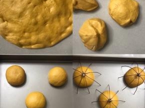 5 整圆放入预先抹上油的盆里盖上保鲜膜，放入微波炉内，放一碗热水进行一发（烤箱也可以我舍不得）
6 发酵二倍大，用手指粘面粉戳洞，洞口不回缩不塌馅为好。
7 倒出来拍打面团排气。
8 平均分成5 份，滚圆摆放学厨28 x28 的不粘模具里。
9 面团上放上我做南瓜造型的专用模具，铜丝上刷上油，请看图。