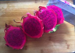 火龙果切成均匀火龙果片（厚度约1cm）