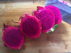 火龙果切成均匀火龙果片（厚度约1cm）