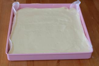 正方烤盘里铺上烘焙油纸，然后把蛋糕糊倒在油纸上，用刮刀刮平；