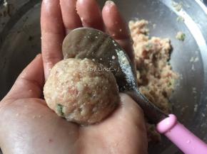 然后用勺子和手把肉酱整成丸子状