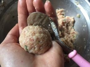 然后用勺子和手把肉酱整成丸子状