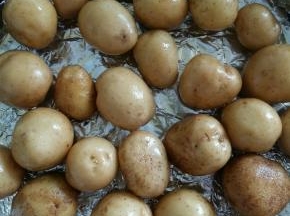 烤土豆我用的是披萨盘，底下铺一层锡纸。放上一层土豆，刷一层油。