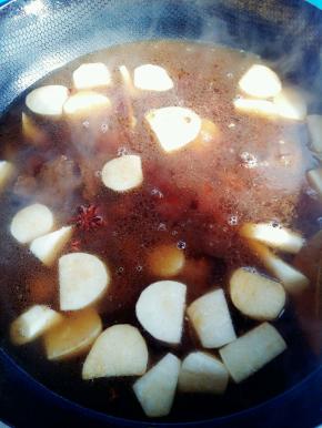 倒入没过牛肉的热水。水多一点也可以。大火烧开转小火慢炖1小时。半个小时候加入盐调味。