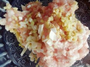 肥瘦猪肉剁碎，肥4瘦6。加入多一点姜末，少许葱花。