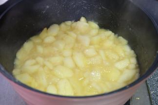 中火，翻炒。翻炒的过程中苹果会出水，而且会越来越多，这都是很正常的，将一个柠檬切开，把里面的柠檬汁挤进去，搅拌均匀，保持中小火继续翻炒；