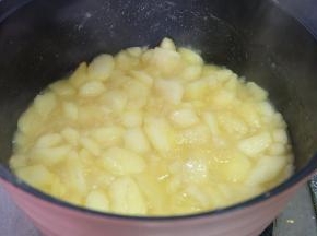 中火，翻炒。翻炒的过程中苹果会出水，而且会越来越多，这都是很正常的，将一个柠檬切开，把里面的柠檬汁挤进去，搅拌均匀，保持中小火继续翻炒；