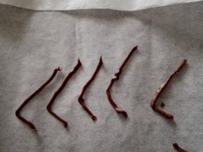 14.	把巧克力挤在干净的油纸上，形状如图，做蜘蛛的脚，