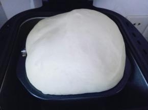 发酵好的面团，发酵时间为90分钟，已经满桶，可以用手指摁一下，不反弹即为发酵完成。