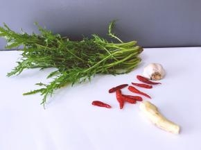 将雪里红，红尖椒，大蒜，生姜准备好