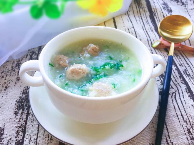 早餐+养身养心粥 青菜丸子粥