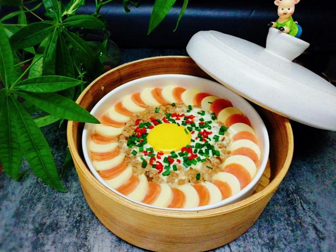 双色太阳花--玉子豆腐蒸肉末鸡蛋
