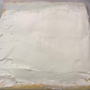 蛋糕片下垫上一张较大的油纸，将奶油抹在蛋糕片上，起始端与两旁抹厚一些，收尾处抹薄些，利用擀面杖卷起。