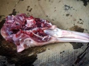 将鸭头的硬喉部切去，鸭头切开两半（不要切断）。