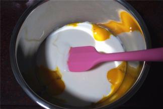 蛋黄加入250克自制酸奶，充分搅拌均匀。