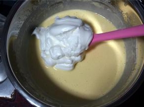 拌糊的时候开始预热烤箱160度10分钟。用刮刀先将1/3蛋白霜加入蛋黄糊中切拌匀，然后将蛋黄糊倒入剩下的蛋白霜中，切拌均匀，不要画圈（会消泡的）。