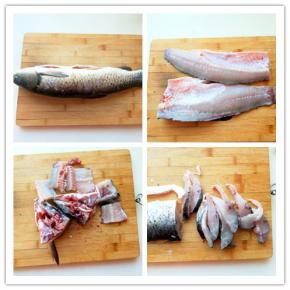 将鱼杀好洗净，剁下头尾，片成鱼片，并把剩下的鱼排剁成几块
