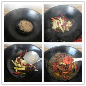 在干净的炒锅中加平常炒菜三倍的油，油热后加姜、蒜、葱、花椒粒、干红辣椒中小火煸炒。加入祝好的鱼汤