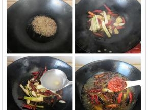 在干净的炒锅中加平常炒菜三倍的油，油热后加姜、蒜、葱、花椒粒、干红辣椒中小火煸炒。加入祝好的鱼汤