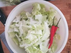 包菜洗净，手撕成片。小米辣切断。