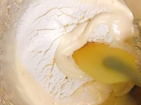 用硅胶刀翻拌均匀成糊状，动作要轻柔、快，以免消泡。同时烤箱预热上下火175度