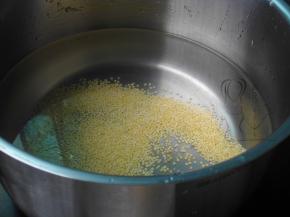 小米洗干净，下入锅中加清水1500毫升左右浸泡15分钟