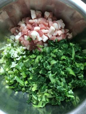 将处理好的小白菜，猪肉丁，葱碎，放入一个大点的容器中。