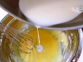将热牛奶一点点加入到蛋黄糊中，边加入边搅拌，直到将牛奶全部加入