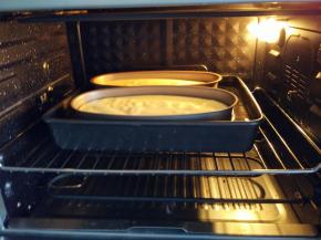 放入烤盘中，此时水量约占模具2/3高，设置上下火170度，烤30分钟，再转150度烤30分钟。

窍门：我在上下管同时加热的时候，还使用了热风。用热风的话，烤箱炉内温度更均匀，而且因为是水浴，并不会使表面很干。基本上30分钟之后才会上色，但是不同烤箱实际炉温不同。要根据上色情况，在顶部加盖锡纸。我的是没有盖锡纸，直接烤出现在的颜色。分两个烤箱，一个柏翠烤箱，一个长帝烤箱，成品表面上色都很均匀。这个方形模具原本是2磅不粘面包模具，因为只有2个椭圆乳酪模，所以剩余的面糊倒进方形模具了。除了形状不同以外，口感口味并没有差别。